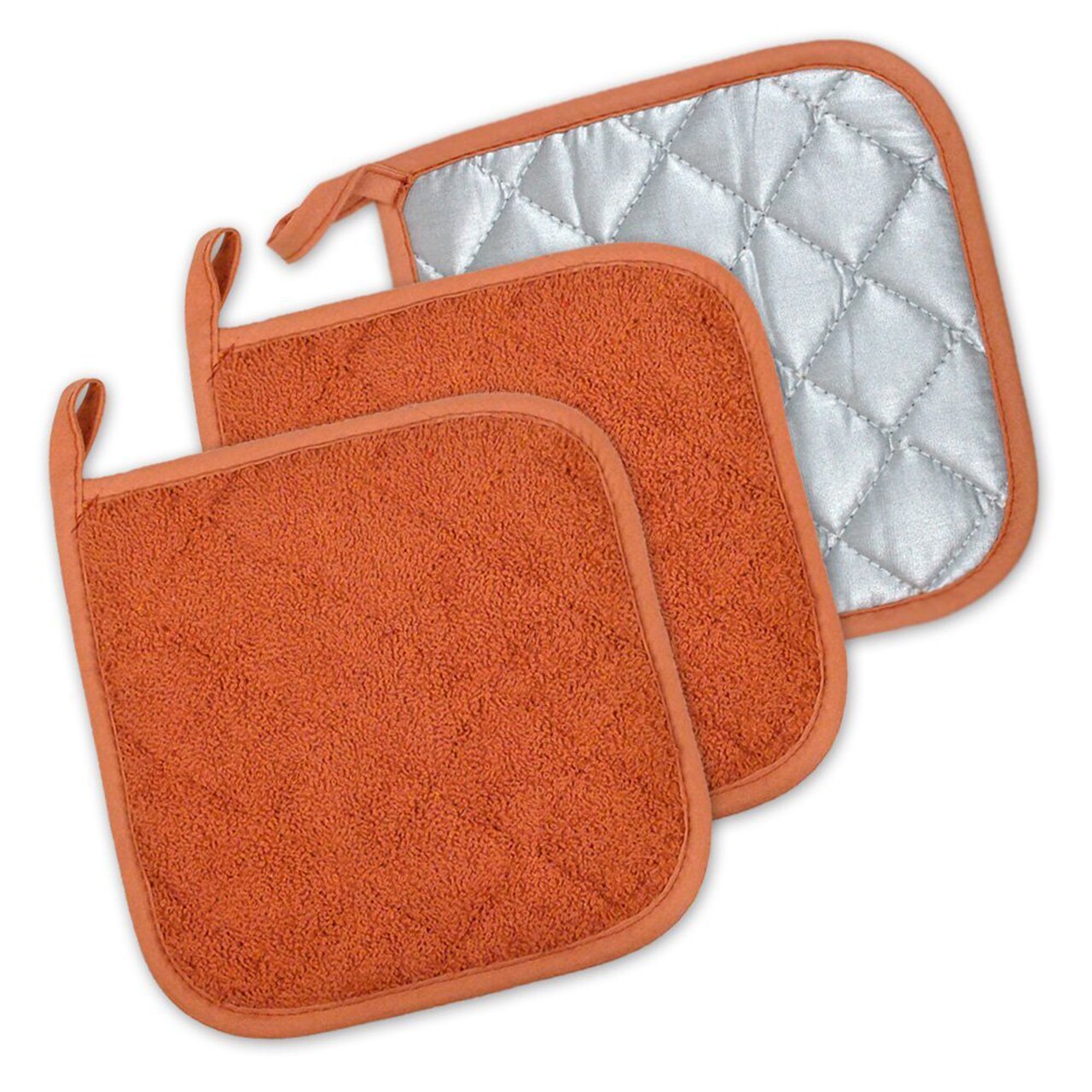 Contemporary Home Living Quilted Square Terry Cotton Kitchen Potholders - 7" - Spice Orange - Set of 3